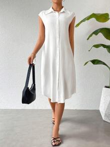 SHEIN Essnce Weißes, lässiges, locker geschnittenes Damen-Tunika-Kleid mit Knopfleiste in der Mitte vorne und Kurzärmeln, geeignet für den Urlaub - Weiss - Übersicht 2