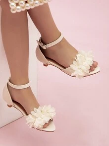 新款春夏女童可愛簡約蕾絲修邊表演高跟涼鞋 - 米色 - 查看 2