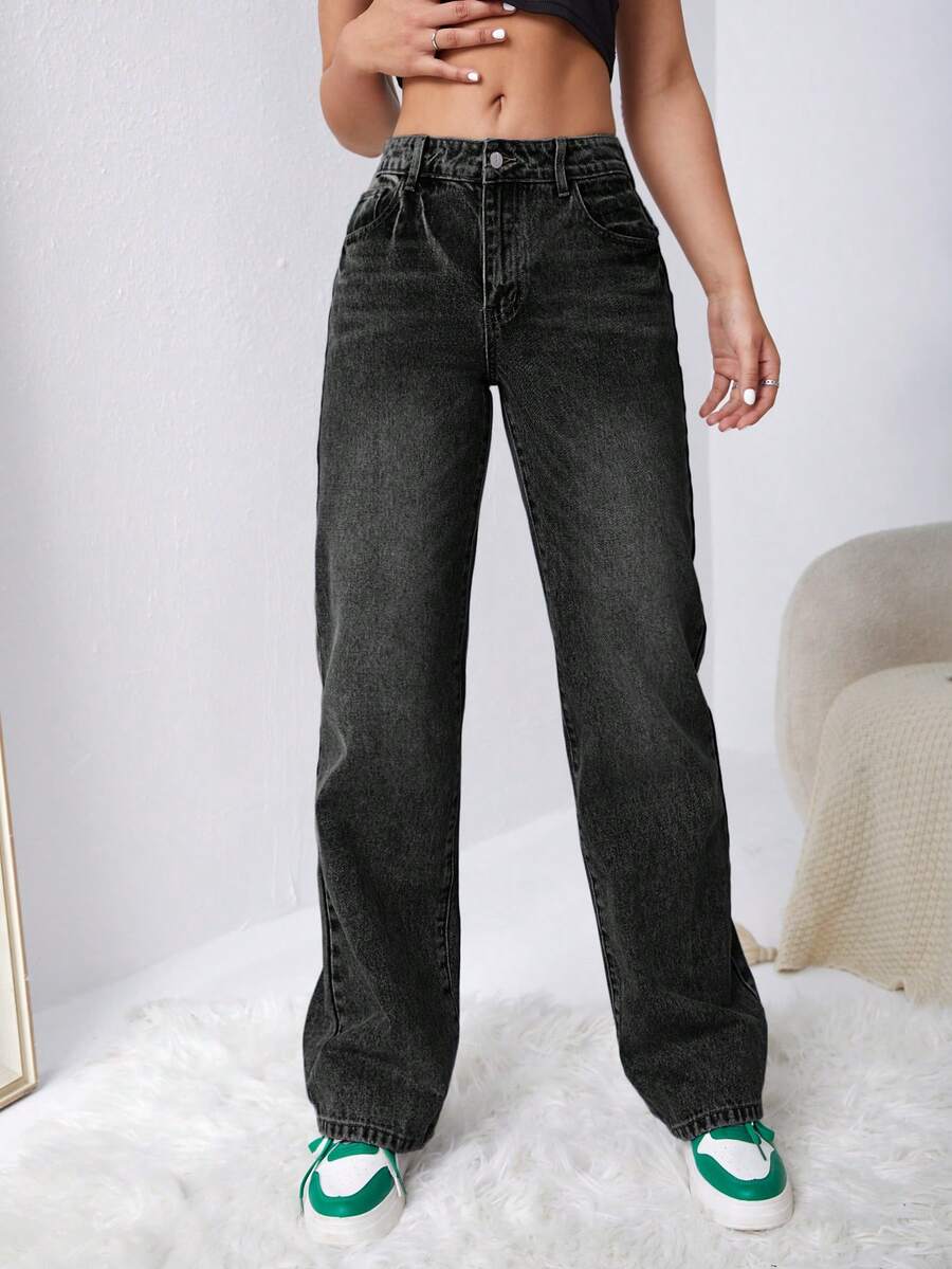 SHEIN EZwear Denim mùa giặt Quần legging thẳng - Xám - Xem 1