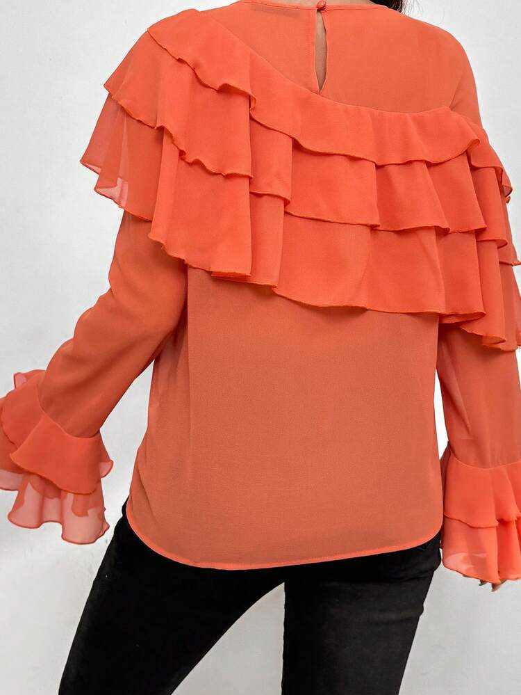 Solid Color Decorative 3d Flower Embellished Ruffle Trim Top