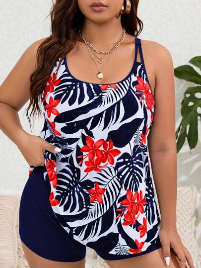 Swim Lushoire Summer Beach Women's Plus Size Flower Print Round Neck Tankini Swimsuit