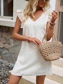 SHEIN VCAY 女性優雅拼接荷葉邊裝飾邊v領裙子 - 彩色 - 查看 4