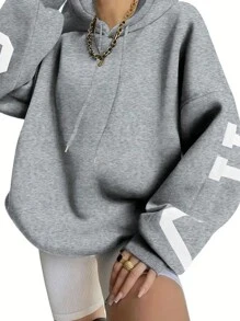 SHEIN EZwear 女士连帽落肩字母印花卫衣，适合毕业季、返校季、教师节等场合，秋季返校套头衫 - 淺灰色 - 查看 3