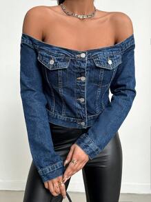 EURMUSE Open Shoulder Button Up Denim Top - Medium Wash - View 4