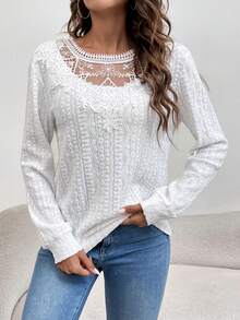 SHEIN LUNE Women Valentine's Day High Neck Lace Embroidered Texture Fabric Sweatshirt - White - View 6