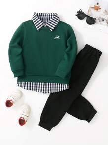 SHEIN 2pcs/Set Young Boy Cute Casual Yellow Embroidered Sweatshirt And Black Pants Comfortable Outfit, Spring