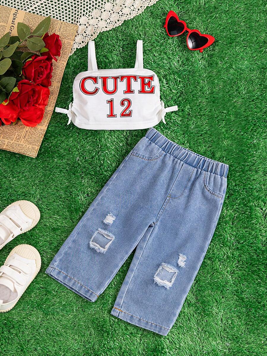 2pcs/Set Spring/Summer Baby Girls' Letter Print Denim Short With Distressed Effect And Sleeveless Top, Fashionable Outfits