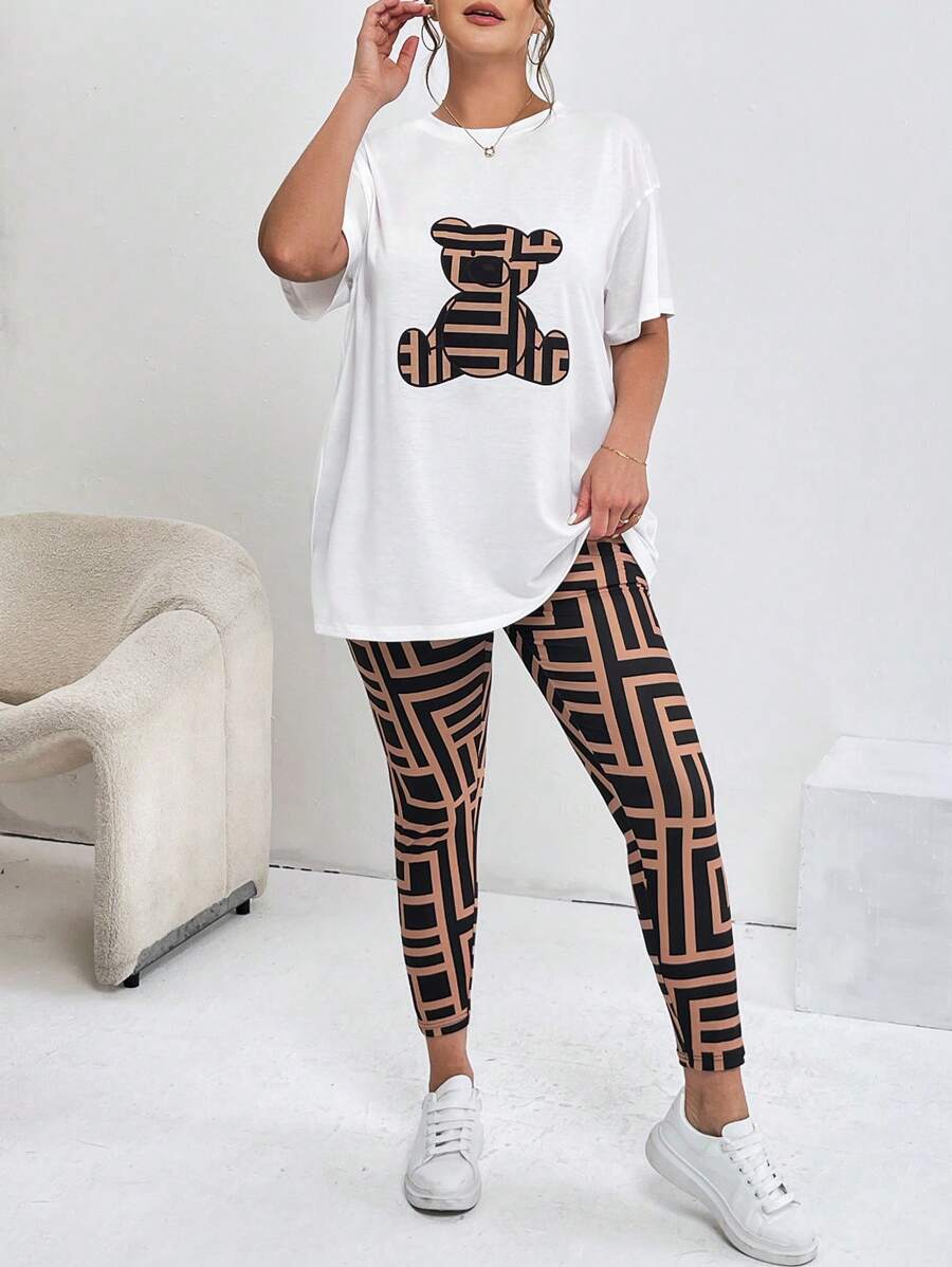 SHEIN Essnce 女士大码夏季休闲宽松印花短袖T恤和长裤两件套 - 彩色 - 查看 1