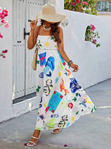 SHEIN Holidaya Seabed Animal Print Spaghetti Strap Dress Maxi Women Outfit - White - View 3