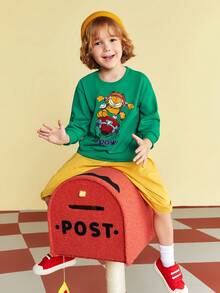 GARFIELD | SHEIN 少女卡通印花圓領運動衫 - 綠色 - 查看 3