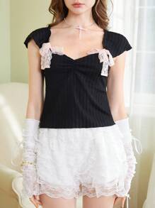 ROMWE KawaiiSweetness芭蕾風性感時尚修身優雅公主蕾絲質感女款T恤 - 黑色 - 查看 3