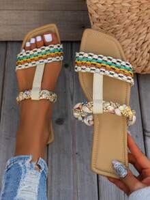 Sandalias Planas Para Mujeres, Chanclas Multicolor Slip-on Con Diseños Y Patrones Simples Para La Playa Y Comodidad - Multicolor - Ver 1