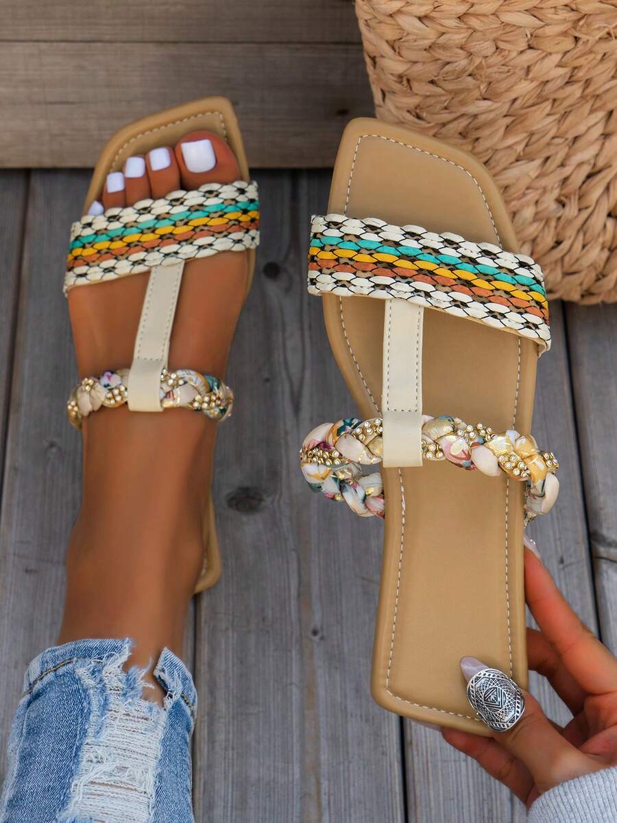 Sandalias Planas Para Mujeres, Chanclas Multicolor Slip-on Con Diseños Y Patrones Simples Para La Playa Y Comodidad - Multicolor - Ver 1