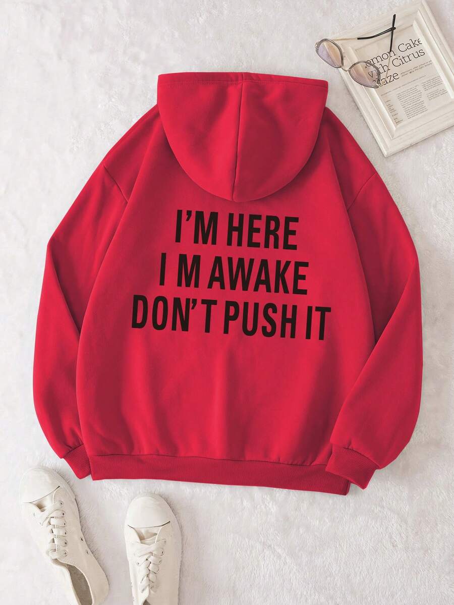 SHEIN EZwear Slogan Print Drawstring Hooded Drop Shoulder Sweatshirt - Red - View 1