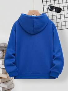 青少年男孩休閒卡通印花長袖連帽運動衫,適用於秋冬季節 - 藍色 - 查看 2