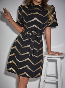 Chiquease Puff Sleeve Belted Dress - Black - View 1