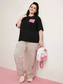 HELLO KITTY AND FRIENDS | SHEIN 加大號卡通印花圓領寬鬆t恤 - 黑色 - 查看 4
