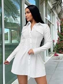 SHEIN SXY 襯衫裙夏季服裝白色女裝裙子白色襯衫白色連衣裙夏季襯衫夏季服裝夏季裙子白色女裝裙子白色襯衫裙緊身衫 - 白色 - 查看 2