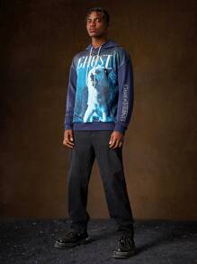 Game of Thrones X SHEIN Felpa Con Cappuccio Con Lupo Stampato E Grafica A Lettere Per Uomo, Con Cordino