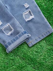 2pcs/Set Spring/Summer Baby Girls' Letter Print Denim Short With Distressed Effect And Sleeveless Top, Fashionable Outfits