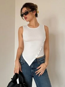 SHEIN Essnce 白色宽肩带圆领无袖背心，金属扣装饰，不对称下摆，休闲时尚风格 - 白色 - 查看 1