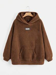SHEIN EZwear 大尺碼貼片連帽抓絨運動衫 - 棕色 - 查看 1