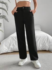 SHEIN LUNE Pantalones De Traje Rectos Y Sólidos - Negro - Ver 1