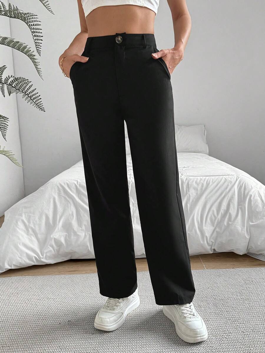 SHEIN LUNE Pantalones De Traje Rectos Y Sólidos - Negro - Ver 1