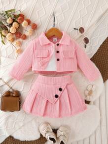SHEIN Conjunto Elegante Vintage De Tres Piezas Para Niña Con Chaqueta Y Falda Abotonada Exquisita, Para Primavera Y Otoño - Rosa - Ver 3