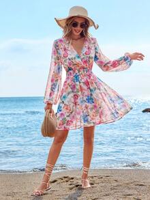 SHEIN VCAY 花卉印花縮腰長袖連身裙 - 彩色 - 查看 4