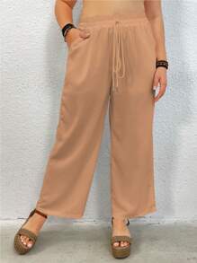 Calvaya Plus Size Solid Color Waist Tie Pants Fall Cloth For Women - Yellow - View 3