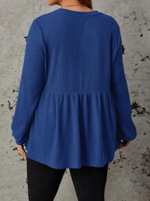 SHEIN LUNE Plus Size Women's Ribbed Lantern Sleeve T-Shirt - Royal Blue - View 2