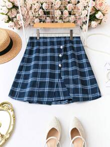 SHEIN Clasi Plus Size Women's Plaid High Slit Hem Skirt - Royal Blue - View 1