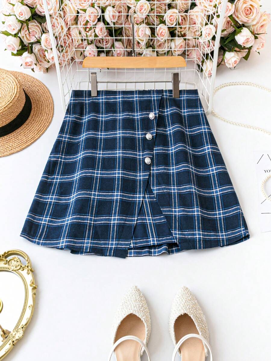 SHEIN Clasi Plus Size Women's Plaid High Slit Hem Skirt - Royal Blue - View 1
