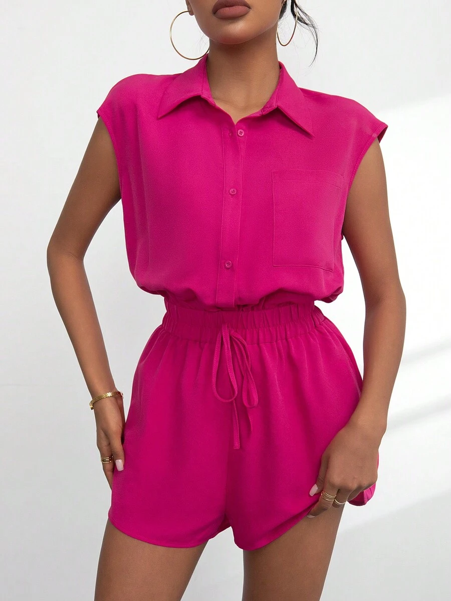 SHEIN Essnce Áo liền quần có dây đeo rộng màu đỏ có nửa túi, cổ áo sơ mi, dây thắt lưng co giãn, dáng rộng và có túi - Màu Hồng Tươi - Xem 1