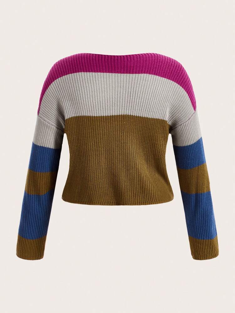 Plus Size Women's Striped Sweater With Drop Shoulder Long Sleeves