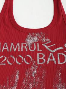 SHEIN Unity Women's Sleeveless Halter Neck Top With Letter Print - Red - View 3