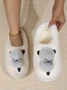 Women's White Thermal Lined Slippers With Grey Fur Ball Decoration, Winter Home Warmth - White - View 1