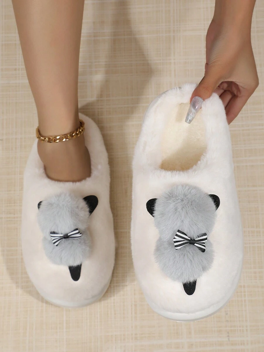 Women's White Thermal Lined Slippers With Grey Fur Ball Decoration, Winter Home Warmth - White - View 1