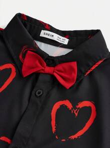 SHEIN Teen Boys' Heart Print Short Sleeve Shirt With Solid Color Necktie - Multicolor - View 4