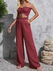 SHEIN Tall Women'S Solid Color Casual 2-Piece Set - Burgundy - View 4