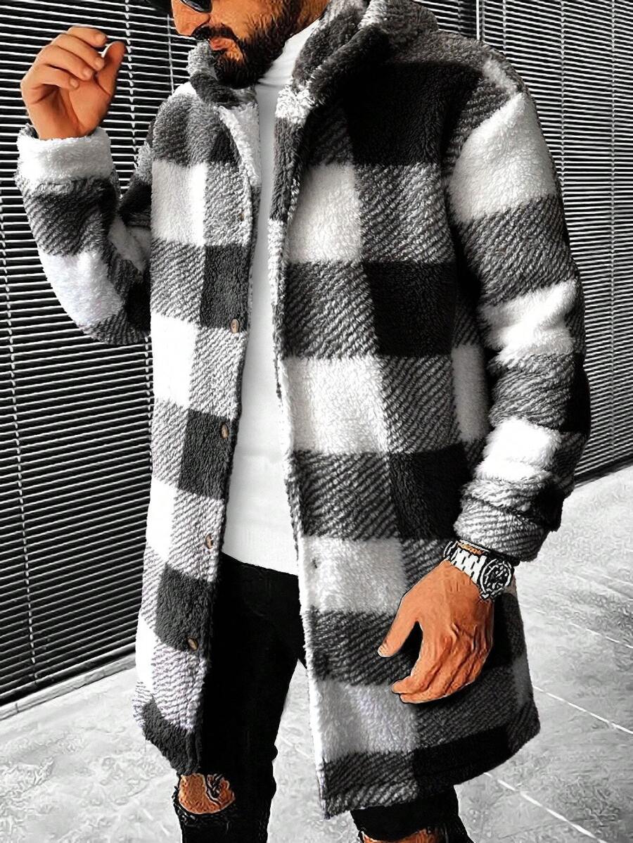 Manfinity Homme 男士格子连帽长款外套，秋冬款 - 黑與白 - 查看 1