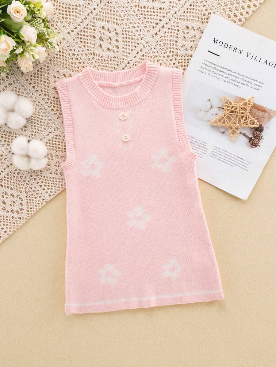 SHEIN Nhỏ bé Cô gái Không tay Áo len dệt kim Đầm Với Hình hoa - Hồng - Xem 1
