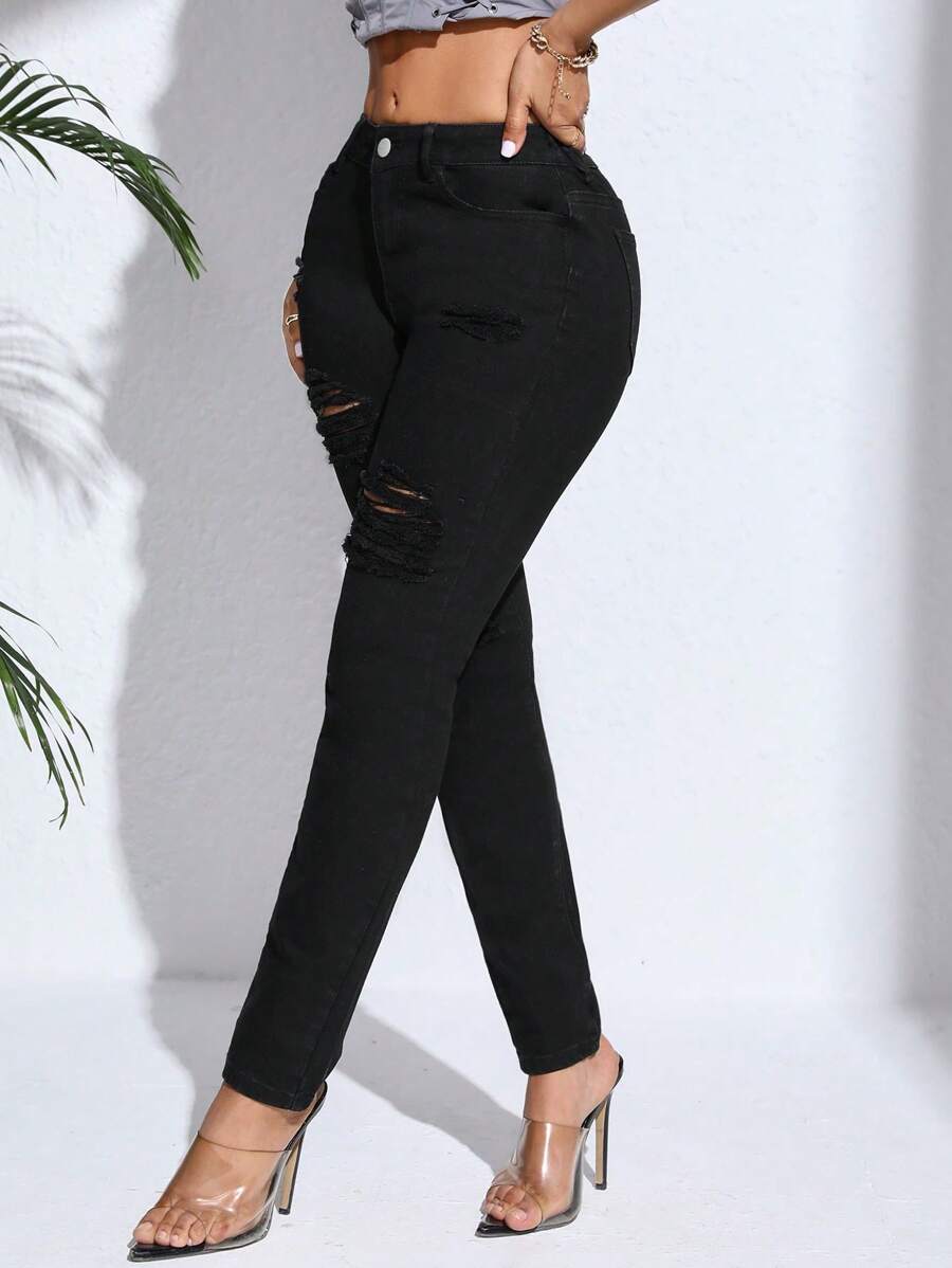 SHEIN 女款修身破洞牛仔褲 - 黑色 - 查看 1