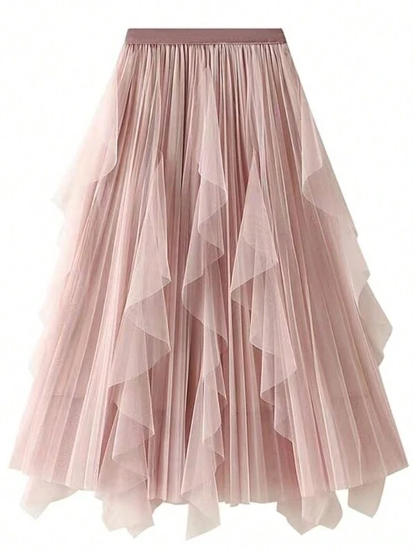 Ruffle Hem Pleated Tulle Midi Skirt SHEIN USA