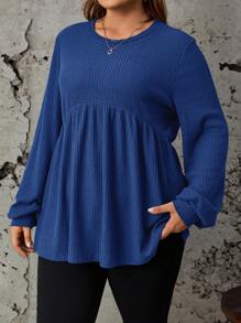 SHEIN LUNE Plus Size Women's Ribbed Lantern Sleeve T-Shirt - Royal Blue - View 4
