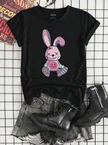 SHEIN 女式卡通兔子印花短袖 T 恤图案 T 恤女式上衣 - 黑色 - 查看 5