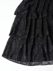 SHEIN Sweetro 女士提花褶皺無肩帶裙 - 黑色 - 查看 4