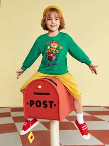 GARFIELD | SHEIN 少女卡通印花圓領運動衫 - 綠色 - 查看 7