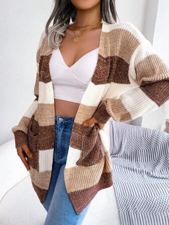 Damvinterfärgblocksrandig kofta med puffärm, öppen framsida och påsydda fickor, avslappnad stickad tröja